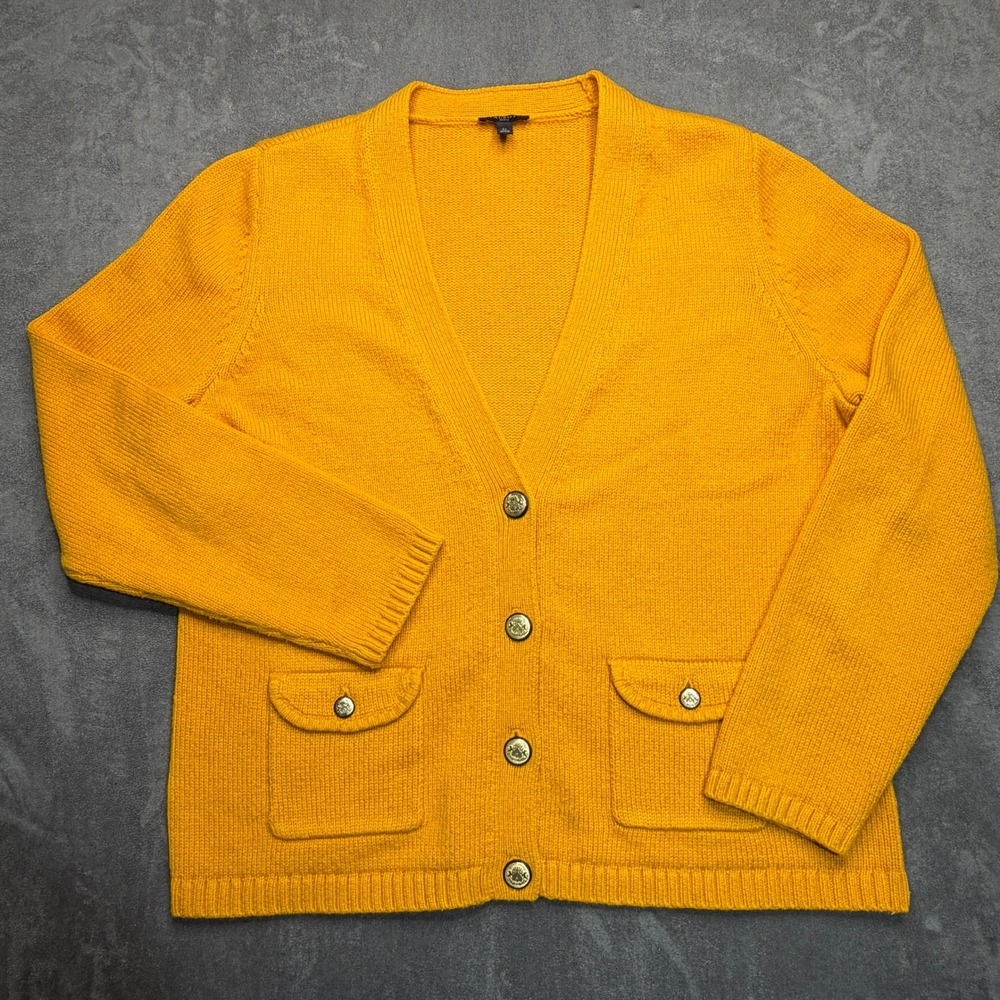 Talbots Cardigan Sweater Womens L Petite Yellow Cotton Blend Gold Crest Button